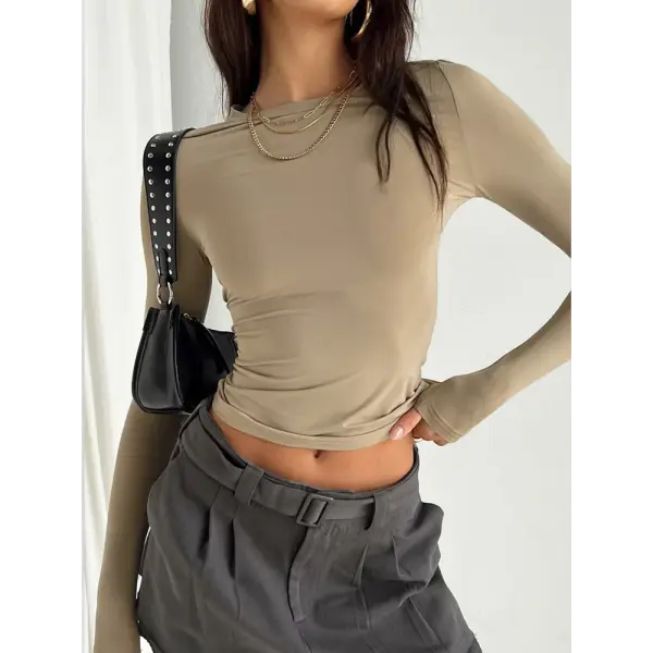 Spring/Autumn Women’s Y2K Pink Long Sleeve Crop Top – Slim Fit O-Neck Casual Pullover Tee