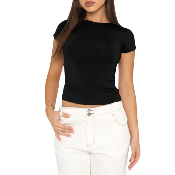 Spring/Autumn Women’s Y2K Pink Long Sleeve Crop Top – Slim Fit O-Neck Casual Pullover Tee - Short Black / S