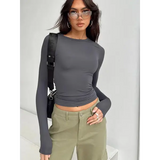Spring/Autumn Women’s Y2K Pink Long Sleeve Crop Top – Slim Fit O-Neck Casual Pullover Tee