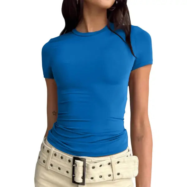 Spring/Autumn Women’s Y2K Pink Long Sleeve Crop Top – Slim Fit O-Neck Casual Pullover Tee - Short Blue / S