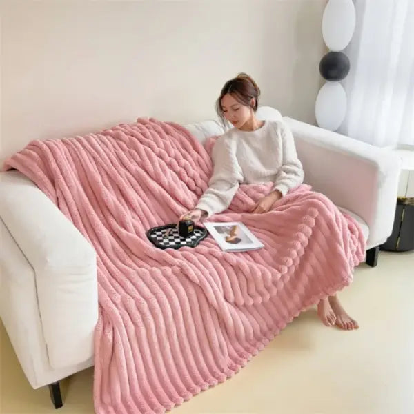Solid Color Faux Rabbit Fur Blanket - Thickened Milk Fleece Winter Throw No Pillowcase - pink / 100x150cm 1pcs / China