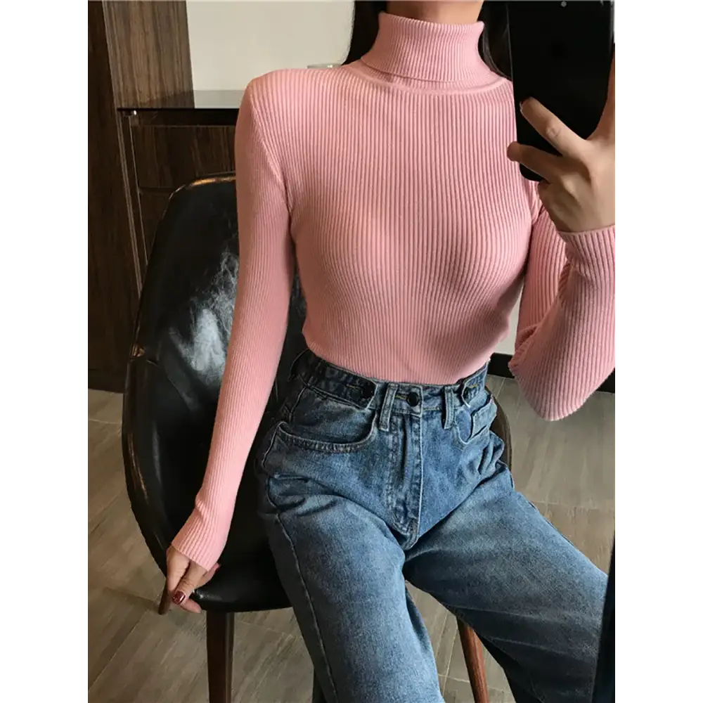 2025 Autumn Winter Thick Sweater Women Knitted Ribbed Pullover Sweater Long Sleeve Turtleneck Slim Jumper Soft Warm