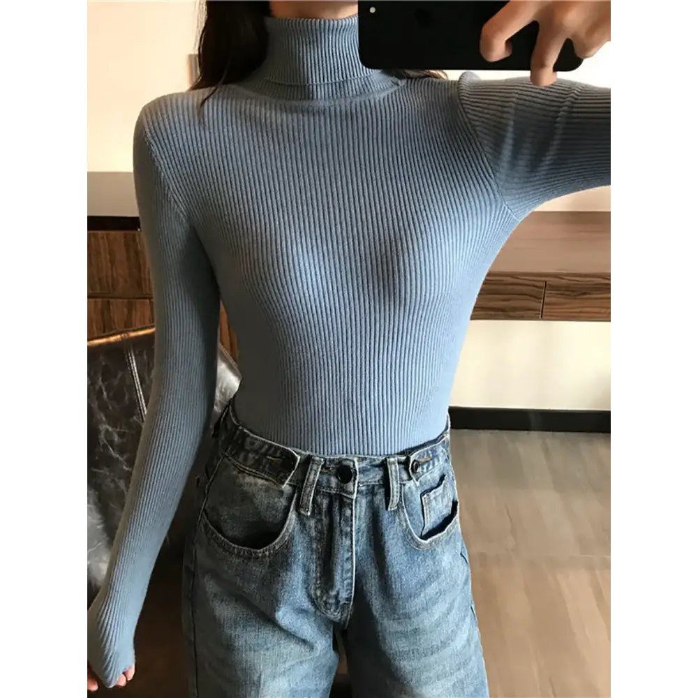 2025 Autumn Winter Thick Sweater Women Knitted Ribbed Pullover Sweater Long Sleeve Turtleneck Slim Jumper Soft Warm