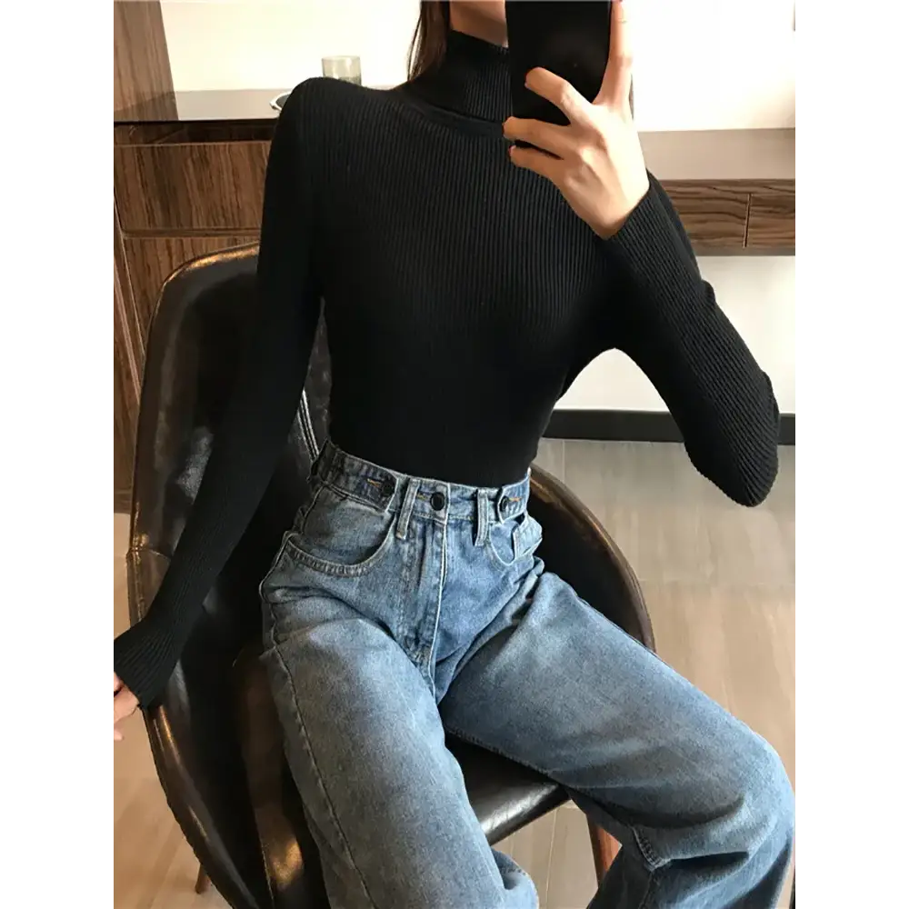 2025 Autumn Winter Thick Sweater Women Knitted Ribbed Pullover Sweater Long Sleeve Turtleneck Slim Jumper Soft Warm