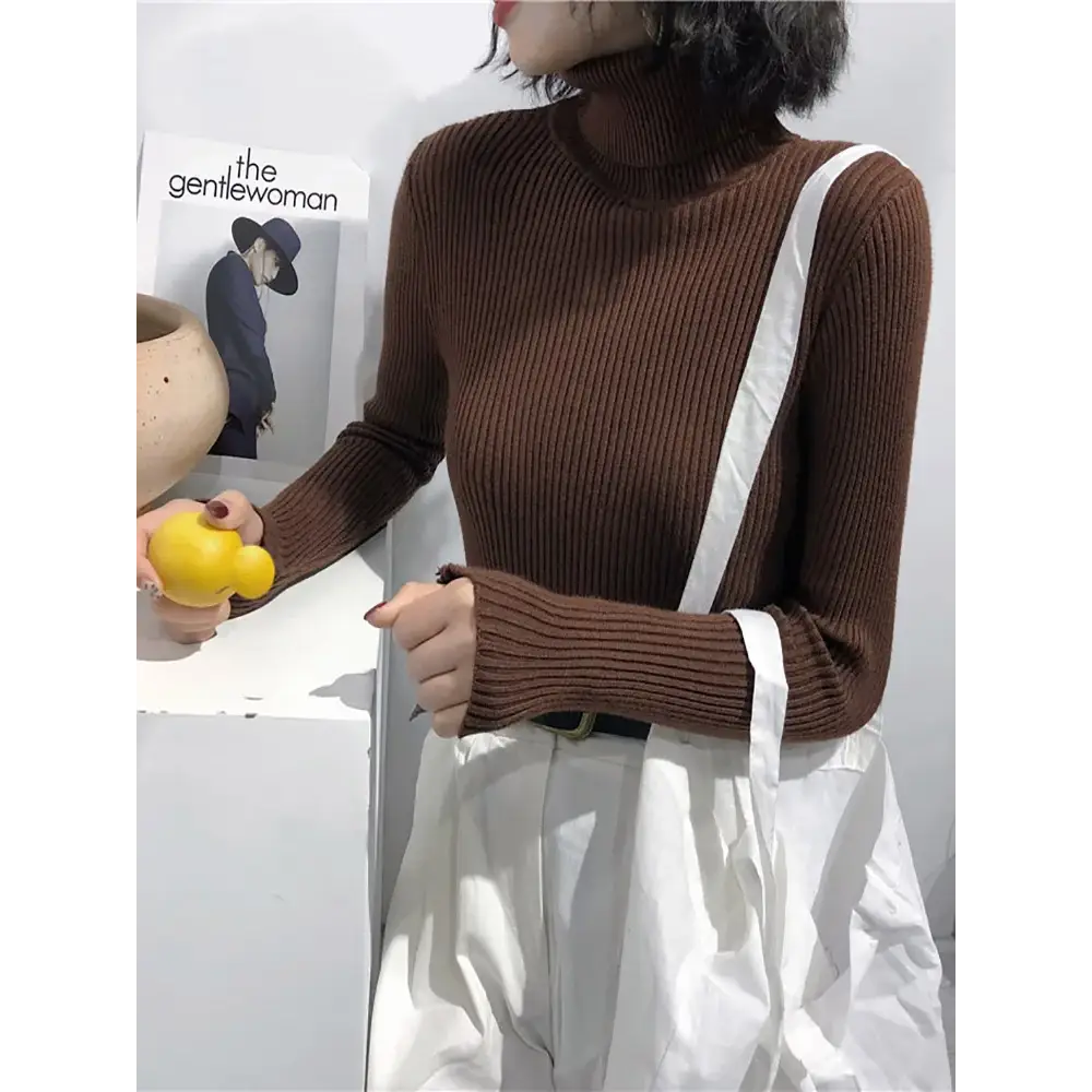 2025 Autumn Winter Thick Sweater Women Knitted Ribbed Pullover Sweater Long Sleeve Turtleneck Slim Jumper Soft Warm