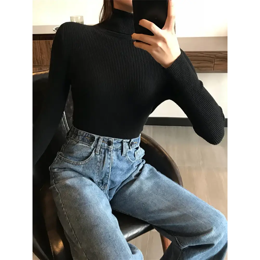2025 Autumn Winter Thick Sweater Women Knitted Ribbed Pullover Sweater Long Sleeve Turtleneck Slim Jumper Soft Warm