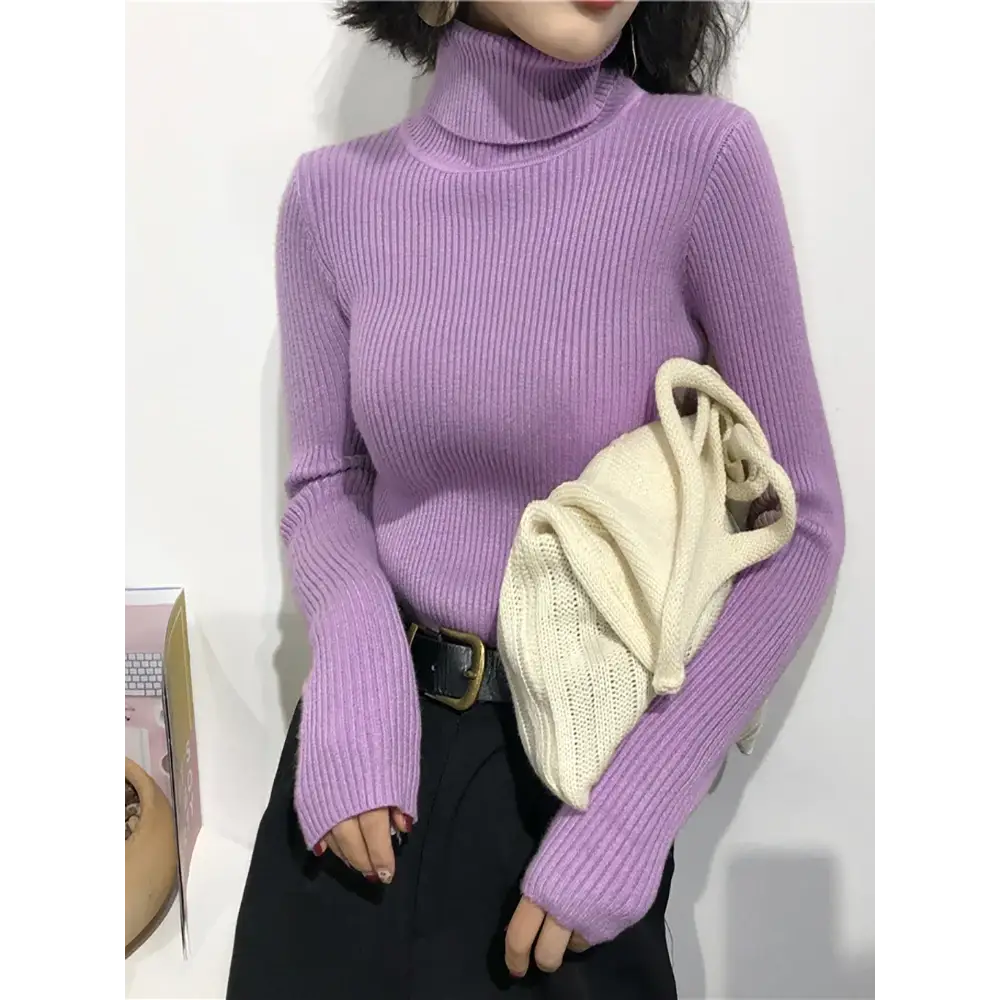 2025 Autumn Winter Thick Sweater Women Knitted Ribbed Pullover Sweater Long Sleeve Turtleneck Slim Jumper Soft Warm