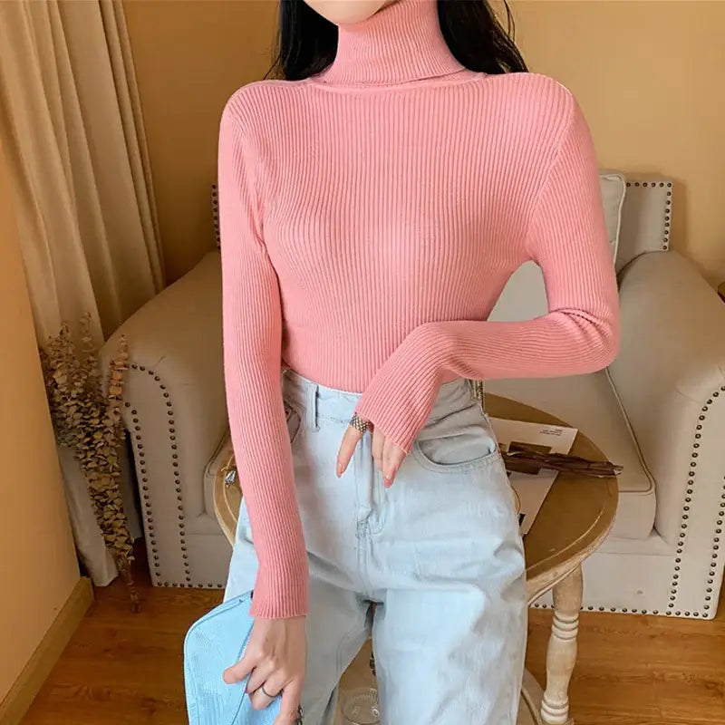 2025 Autumn Winter Women Long Sleeve Knitted Foldover Turtleneck Ribbed Pull Sweater Soft Warm Femme Jumper Pullover