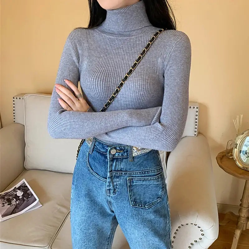 2025 Autumn Winter Women Long Sleeve Knitted Foldover Turtleneck Ribbed Pull Sweater Soft Warm Femme Jumper Pullover