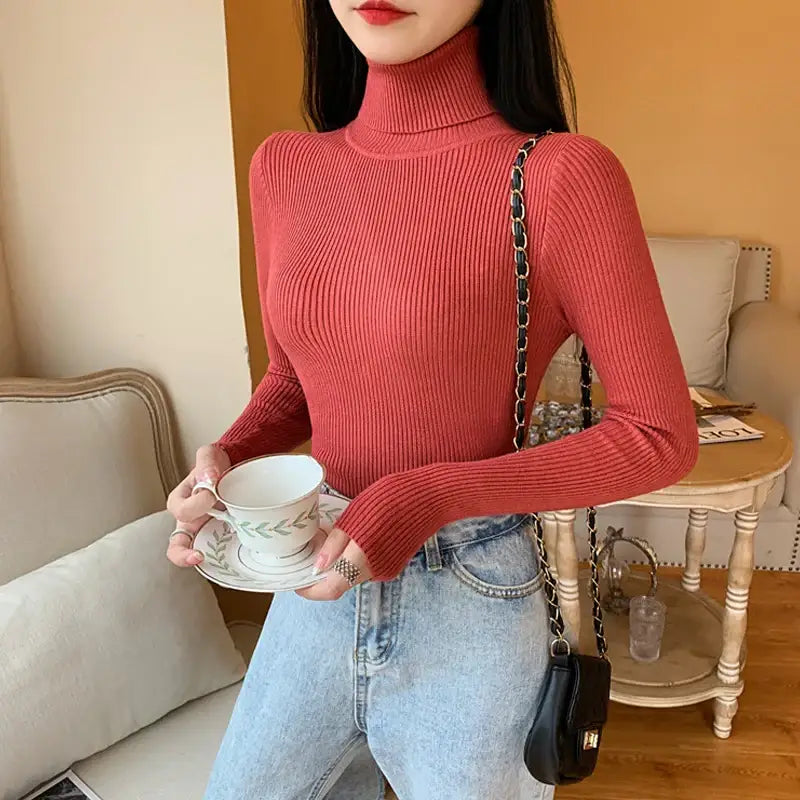 2025 Autumn Winter Women Long Sleeve Knitted Foldover Turtleneck Ribbed Pull Sweater Soft Warm Femme Jumper Pullover