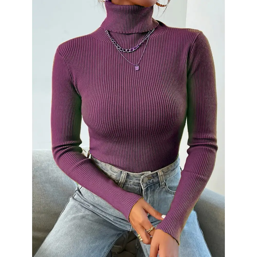 2025 Autumn Winter Women Long Sleeve Knitted Foldover Turtleneck Ribbed Pull Sweater Soft Warm Femme Jumper Pullover