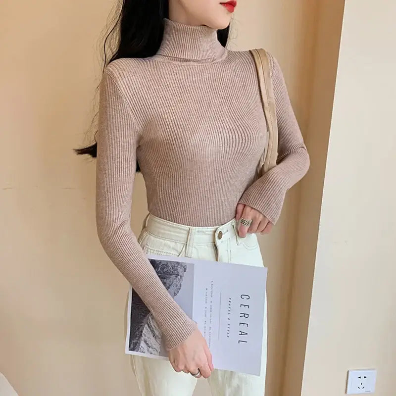 2025 Autumn Winter Women Long Sleeve Knitted Foldover Turtleneck Ribbed Pull Sweater Soft Warm Femme Jumper Pullover