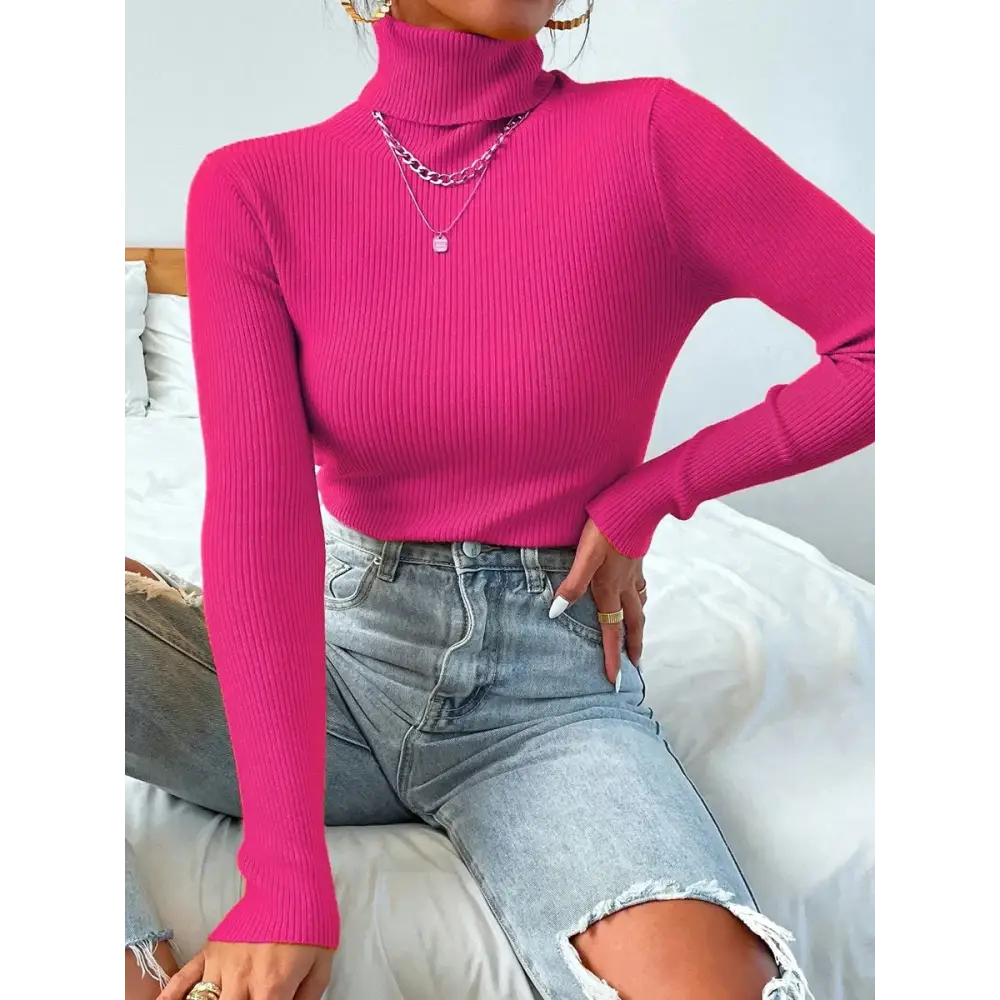 2025 Autumn Winter Women Long Sleeve Knitted Foldover Turtleneck Ribbed Pull Sweater Soft Warm Femme Jumper Pullover