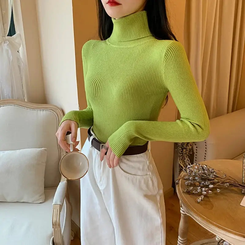 2025 Autumn Winter Women Long Sleeve Knitted Foldover Turtleneck Ribbed Pull Sweater Soft Warm Femme Jumper Pullover