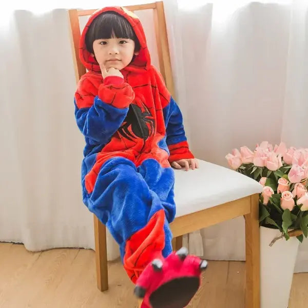 Children’s Pajamas Spiderman Cosplay Costume Nightgown Home Flanne Hooded Sleepwear Jumpsuit Pajamas for Spider Man