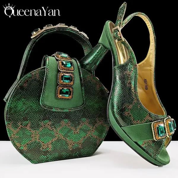 Green Peep Toe Women Heel Pumps Diamond Accents Italian Party Shoes Set - Green / 39