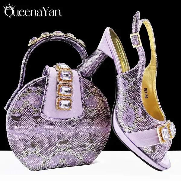 Green Peep Toe Women Heel Pumps Diamond Accents Italian Party Shoes Set - Lilac / 39