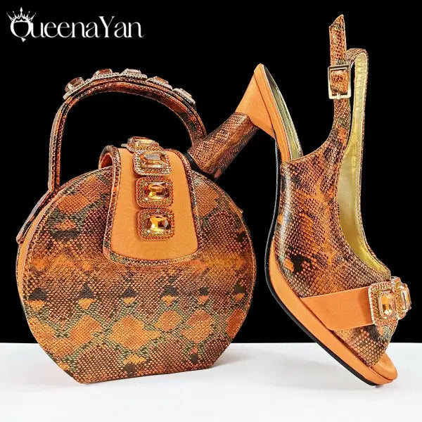 Green Peep Toe Women Heel Pumps Diamond Accents Italian Party Shoes Set - Orange / 39