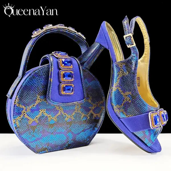 Green Peep Toe Women Heel Pumps Diamond Accents Italian Party Shoes Set - Royal blue / 38