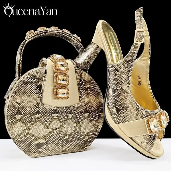 Green Peep Toe Women Heel Pumps Diamond Accents Italian Party Shoes Set - Gold / 43