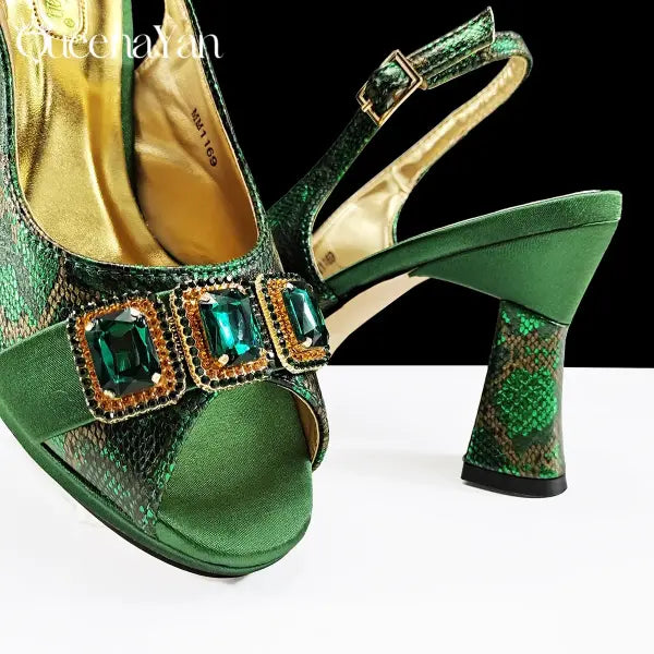 Green Peep Toe Women Heel Pumps Diamond Accents Italian Party Shoes Set