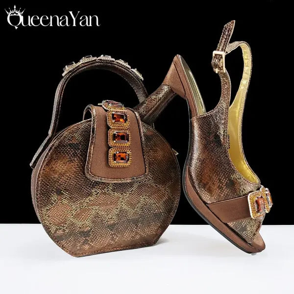 Green Peep Toe Women Heel Pumps Diamond Accents Italian Party Shoes Set - Coffee / 38