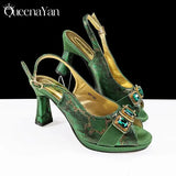 Green Peep Toe Women Heel Pumps Diamond Accents Italian Party Shoes Set