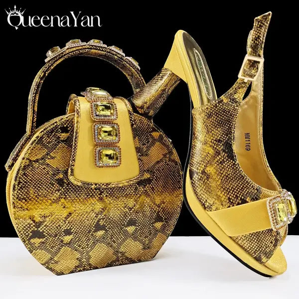 Green Peep Toe Women Heel Pumps Diamond Accents Italian Party Shoes Set - Yellow / 39