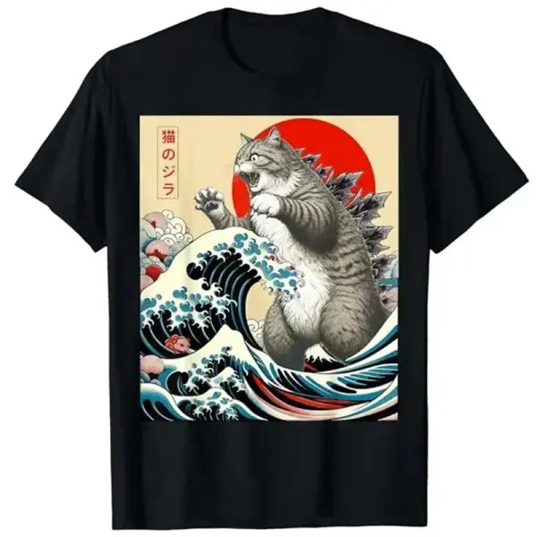 Catzilla Japanese Art Cat T-Shirt – Unisex Cotton O-Neck Funny & Fashion Tee - Black / L
