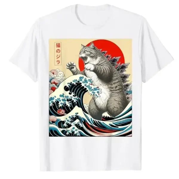 Catzilla Japanese Art Cat T-Shirt – Unisex Cotton O-Neck Funny & Fashion Tee - White / M