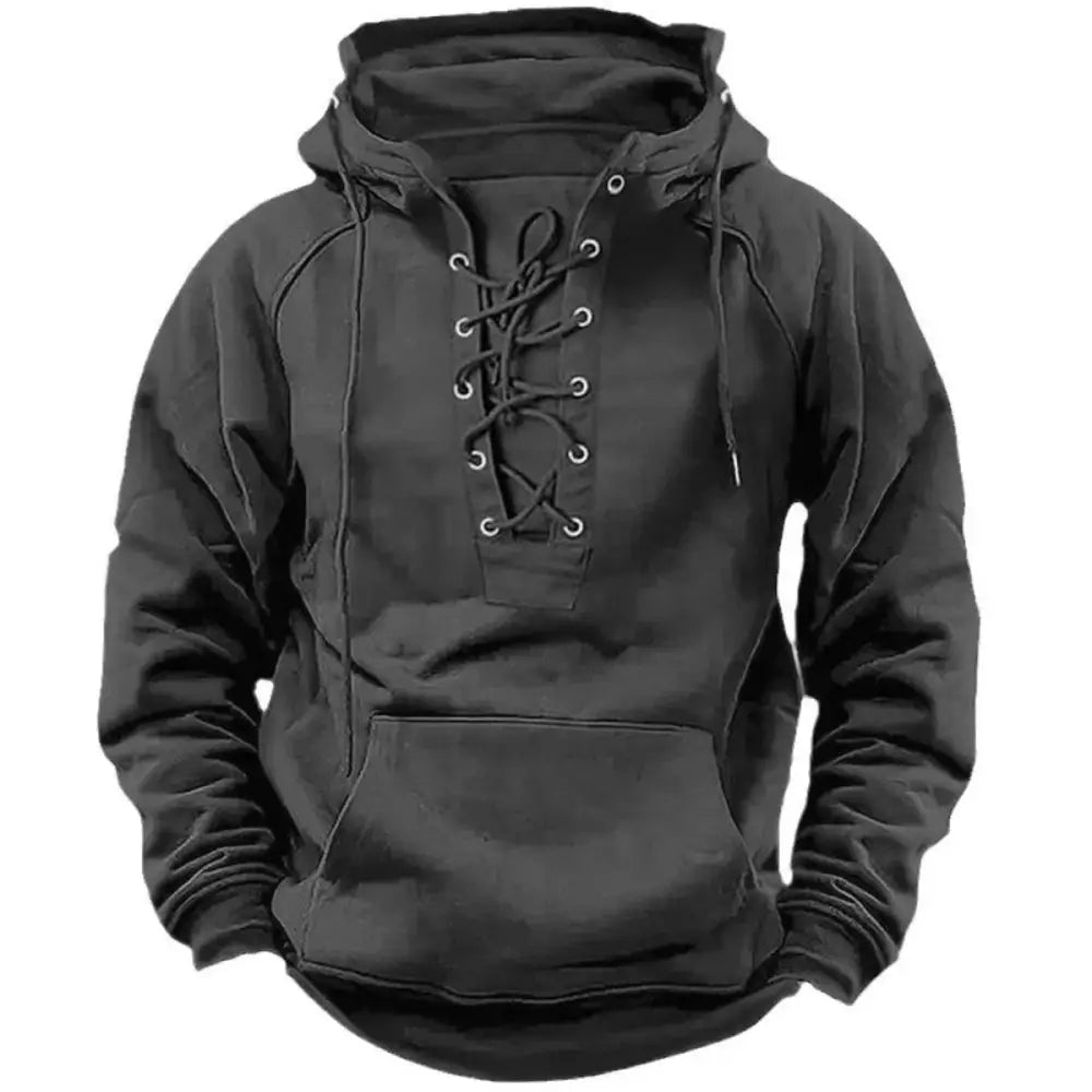 2025 Men’s Autumn Winter Outdoor Casual Jacket: Retro Lace-Up Loose Fit Pure Color Long Sleeve Hooded Sweatshirt - Grey