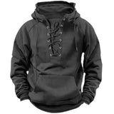2025 Men’s Autumn Winter Outdoor Casual Jacket: Retro Lace-Up Loose Fit Pure Color Long Sleeve Hooded Sweatshirt - Grey