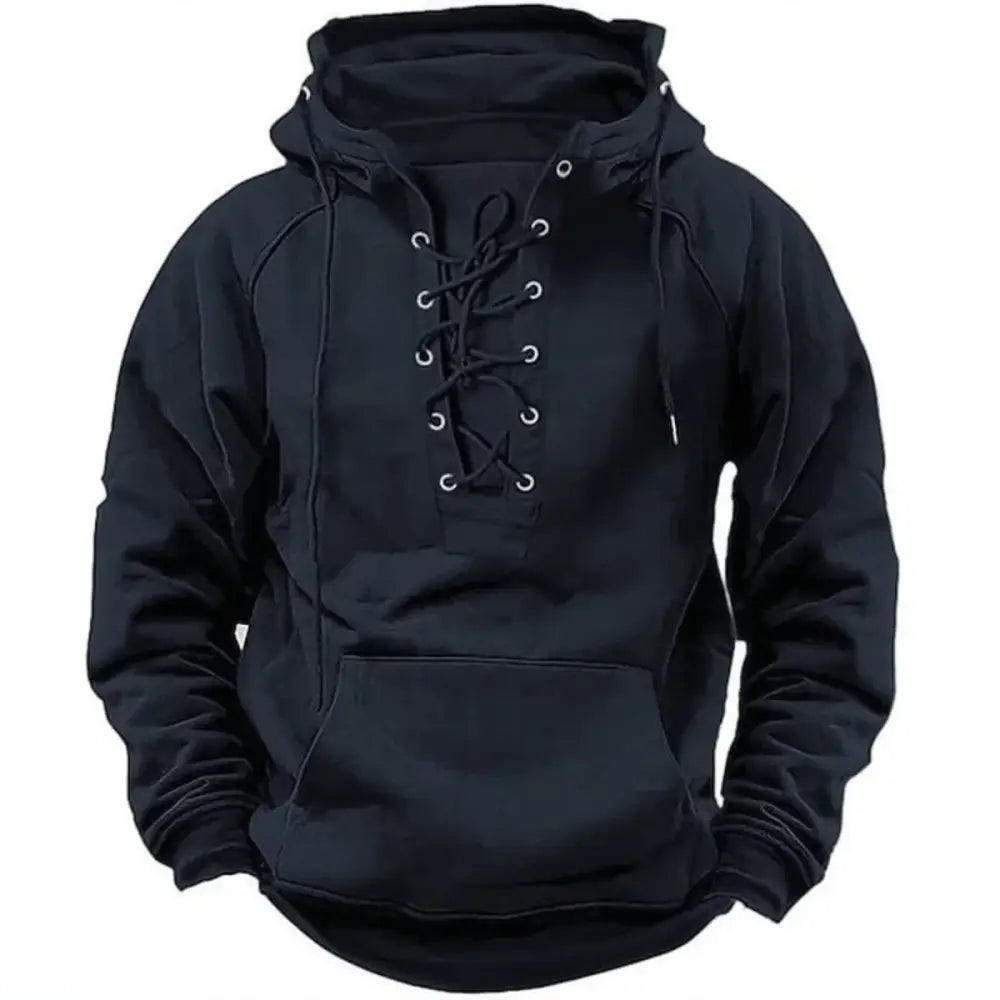 2025 Men’s Autumn Winter Outdoor Casual Jacket: Retro Lace-Up Loose Fit Pure Color Long Sleeve Hooded Sweatshirt