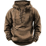 2025 Men’s Autumn Winter Outdoor Casual Jacket: Retro Lace-Up Loose Fit Pure Color Long Sleeve Hooded Sweatshirt