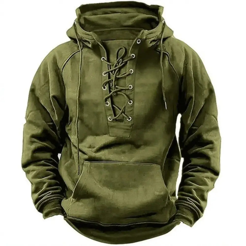 2025 Men’s Autumn Winter Outdoor Casual Jacket: Retro Lace-Up Loose Fit Pure Color Long Sleeve Hooded Sweatshirt