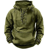 2025 Men’s Autumn Winter Outdoor Casual Jacket: Retro Lace-Up Loose Fit Pure Color Long Sleeve Hooded Sweatshirt
