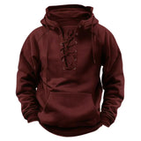 2025 Men’s Autumn Winter Outdoor Casual Jacket: Retro Lace-Up Loose Fit Pure Color Long Sleeve Hooded Sweatshirt