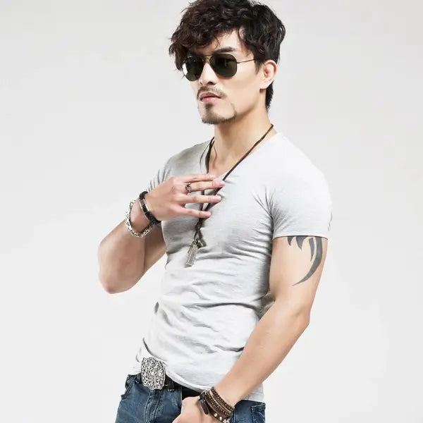 Men’s V-Neck Fitness T-Shirt – 10 Colors Casual Tee Sizes S–5XL - V Gray / XXXL