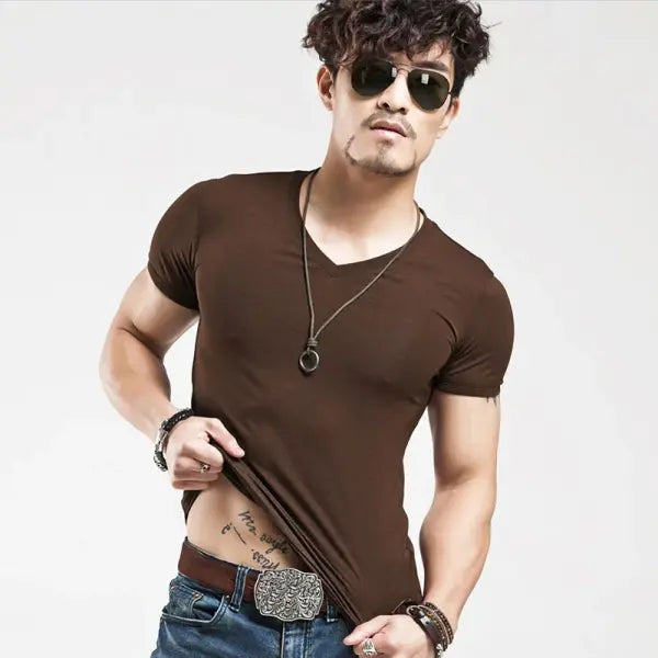 Men’s V-Neck Fitness T-Shirt – 10 Colors Casual Tee Sizes S–5XL - V Coffee / XXL