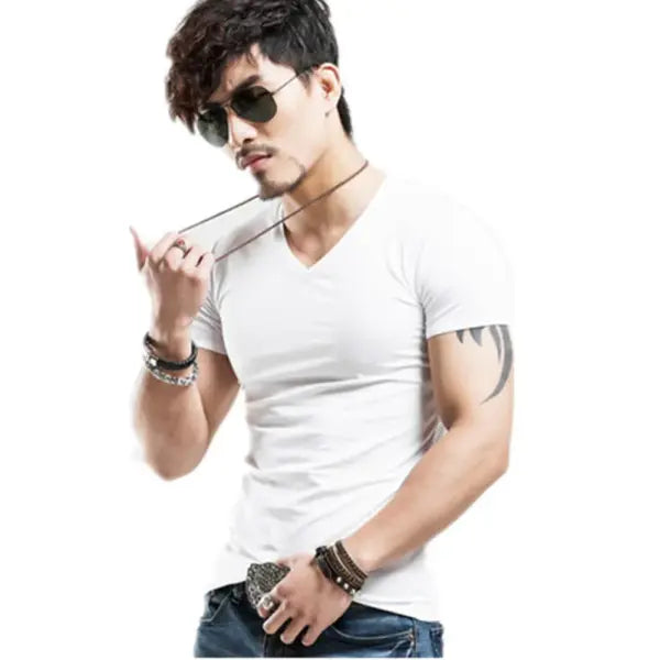 Men’s V-Neck Fitness T-Shirt – 10 Colors Casual Tee Sizes S–5XL - V White / 4XL