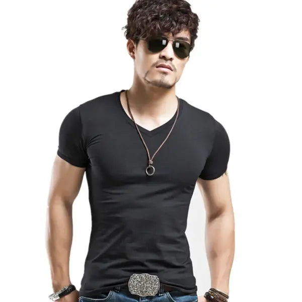 Men’s V-Neck Fitness T-Shirt – 10 Colors Casual Tee Sizes S–5XL - V Black / 5XL