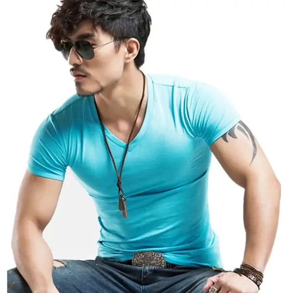 Men’s V-Neck Fitness T-Shirt – 10 Colors Casual Tee Sizes S–5XL - V Sky Blue / M