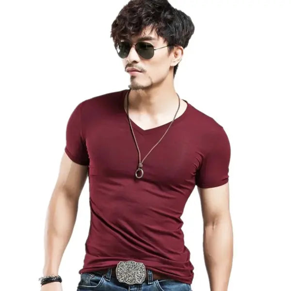 Men’s V-Neck Fitness T-Shirt – 10 Colors Casual Tee Sizes S–5XL - V Wine Red / XXXL