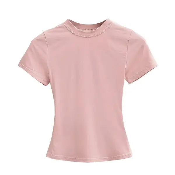Women’s Slim Fit Short Sleeve T-Shirt – Solid Color Y2K Casual Fashion Top - Pink / L