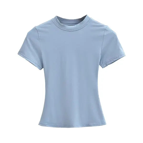 Women’s Slim Fit Short Sleeve T-Shirt – Solid Color Y2K Casual Fashion Top - SKY BLUE / L