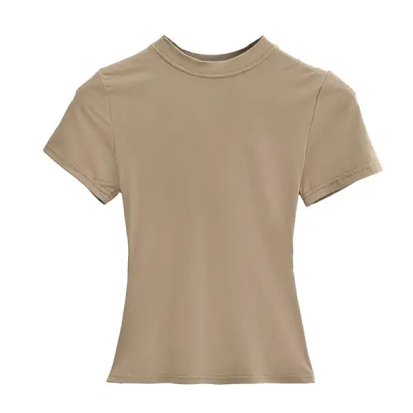 Women’s Slim Fit Short Sleeve T-Shirt – Solid Color Y2K Casual Fashion Top - Khaki / M