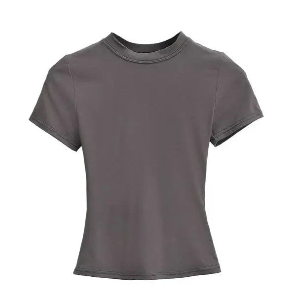 Women’s Slim Fit Short Sleeve T-Shirt – Solid Color Y2K Casual Fashion Top - Dark Grey / L