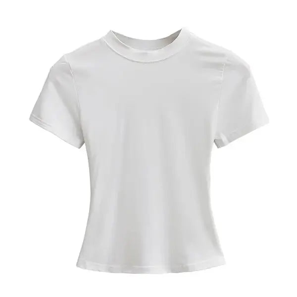 Women’s Slim Fit Short Sleeve T-Shirt – Solid Color Y2K Casual Fashion Top - WHITE / L