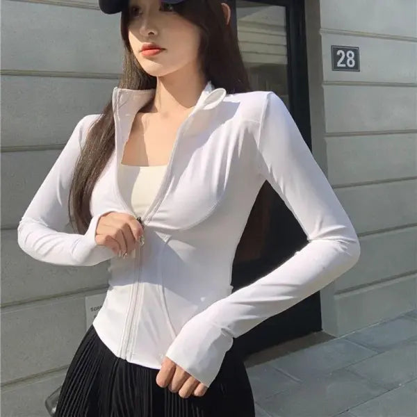 Women’s Slim Fit Long Sleeve Crop Top – Zipper Waist Yoga & Fitness Tee