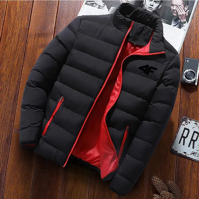 2025 New Winter Long Sleeve Cotton Coat Zipper Jacket Men’s Cotton Coat - Black Red2 / 4XL
